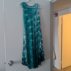 Chic Teal Tie-Dye Asymmetrical Dress